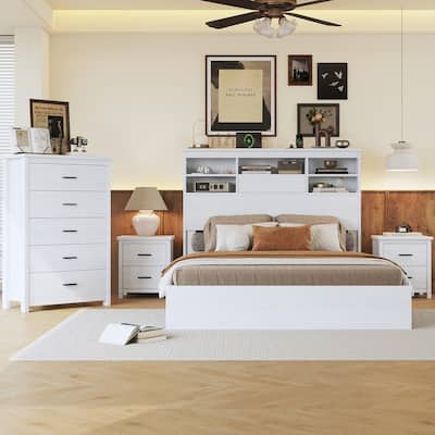 2/3/4-Piece Bedroom Set, Twin/Full/Queen, Wooden Bed, 2 Nightstands, Dresser, Sliding Door Headboard, White/White+Brown