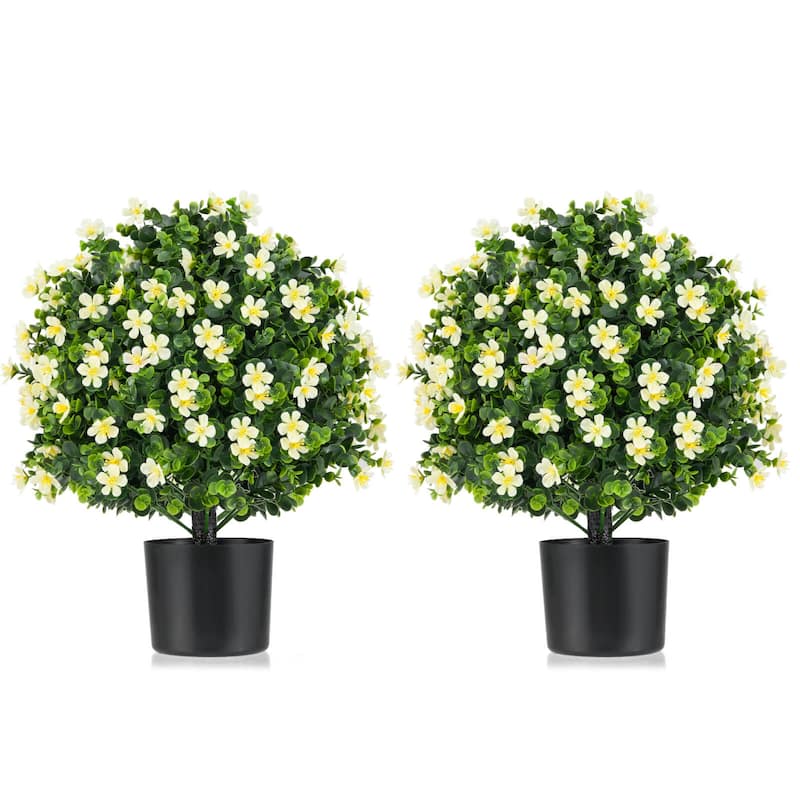Set of 2 Artificial Boxwood Topiary Ball Tree Potted Tree w/ Flowers - Green & White