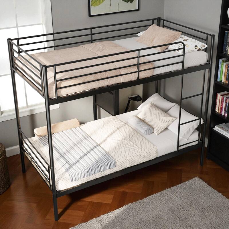 Twin Over Twin Metal Bunk Bed with Ladder, High Guardrails, Convertible to Two Beds, Noise-Free Frame & Storage Space