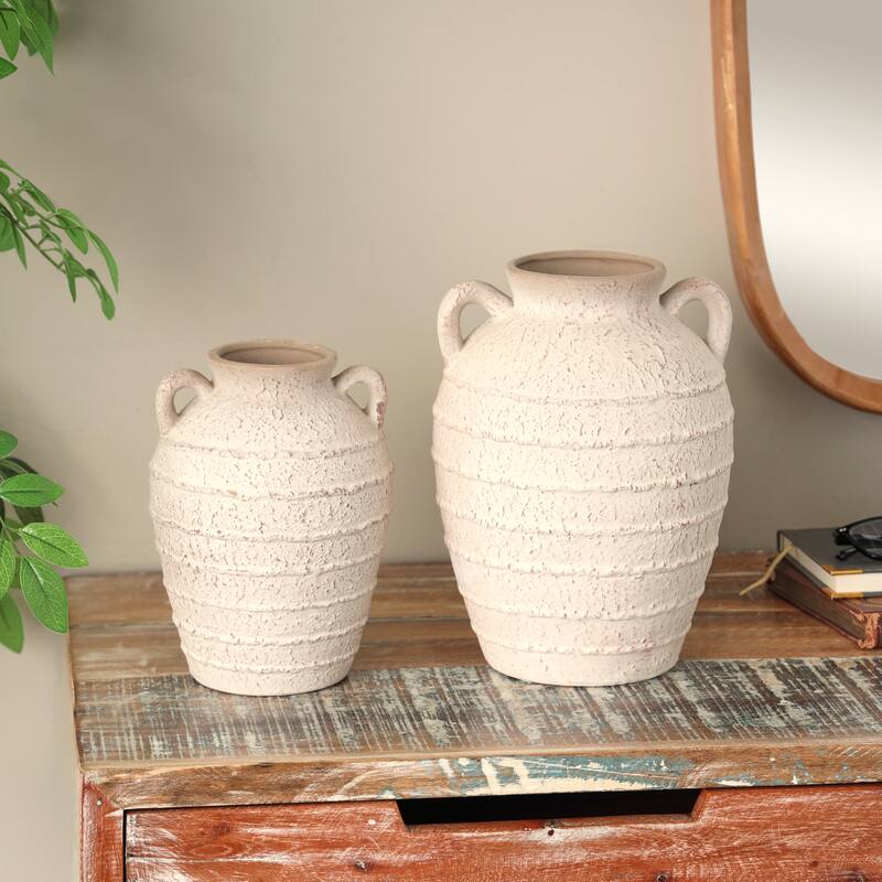 Cream Ceramic Textured Decorative Vase with Handles and Terracotta Accents (Set of 2) - Cream