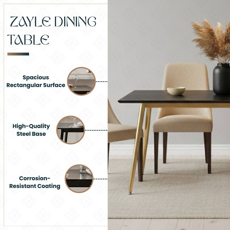 Zayle Modern Mid-Century Glass or Sintered Stone Rectangular Tabletop Dining Table with Powder-Coated Gold Steel Base