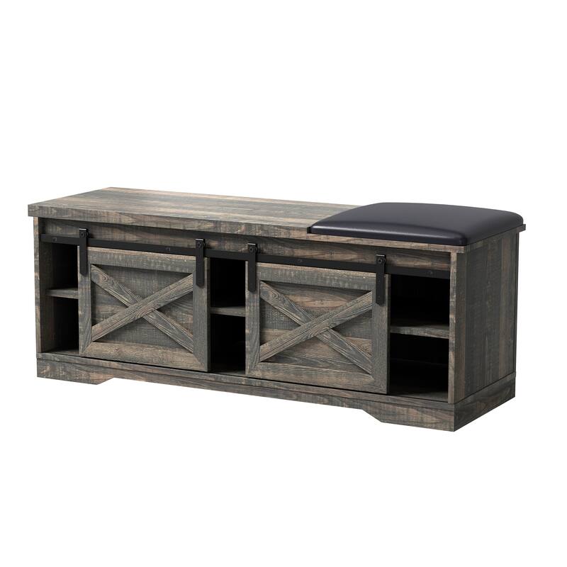 HomeRoots 47" Dark Brown Faux Leather Upholstered Storage Bench with Shelves - 47.24 in. x 17.72 in. x 15.35 in.