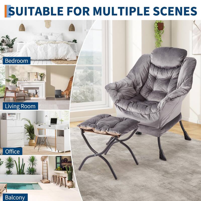 2Pcs Lazy Chair with Ottoman, Modern Lounge Accent Chair,Leisure Sofa Armchair with Footrest,Reading Armchair