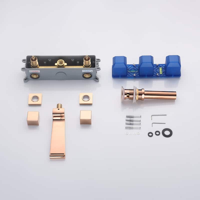 waterfall Rose gold wall mount Dual Handle Bathroom Sink Faucets with Brass Pop up Overflow Drain - 5' x 11'