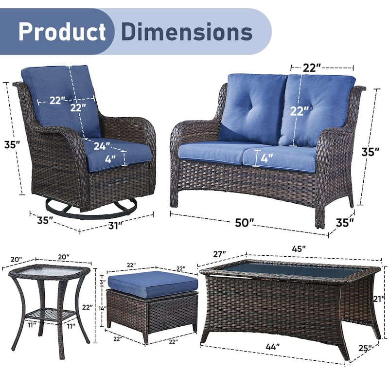 Pocassy Outdoor Sofa Swivel Chairs Table Ottoman 4 Inch Set