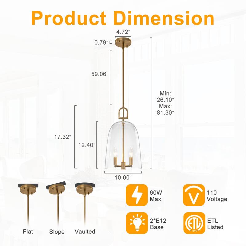 2-Light Gold Metal Pendant Light with Bell-Shaped Clear Glass Shades - Dia.10-in