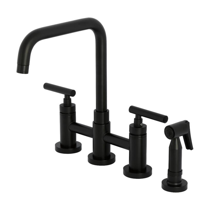 Kingston Brass Manhattan Two-Handle 4-Hole Deck Mount Bridge Kitchen Faucet with Brass Side Sprayer - Matte Black
