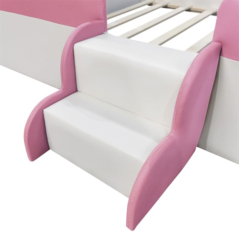 Upholstered Daybed with Fence and Stairs for Kids, Twin/Full/Queen/King Size Floor Montessori Bed with Slats Support