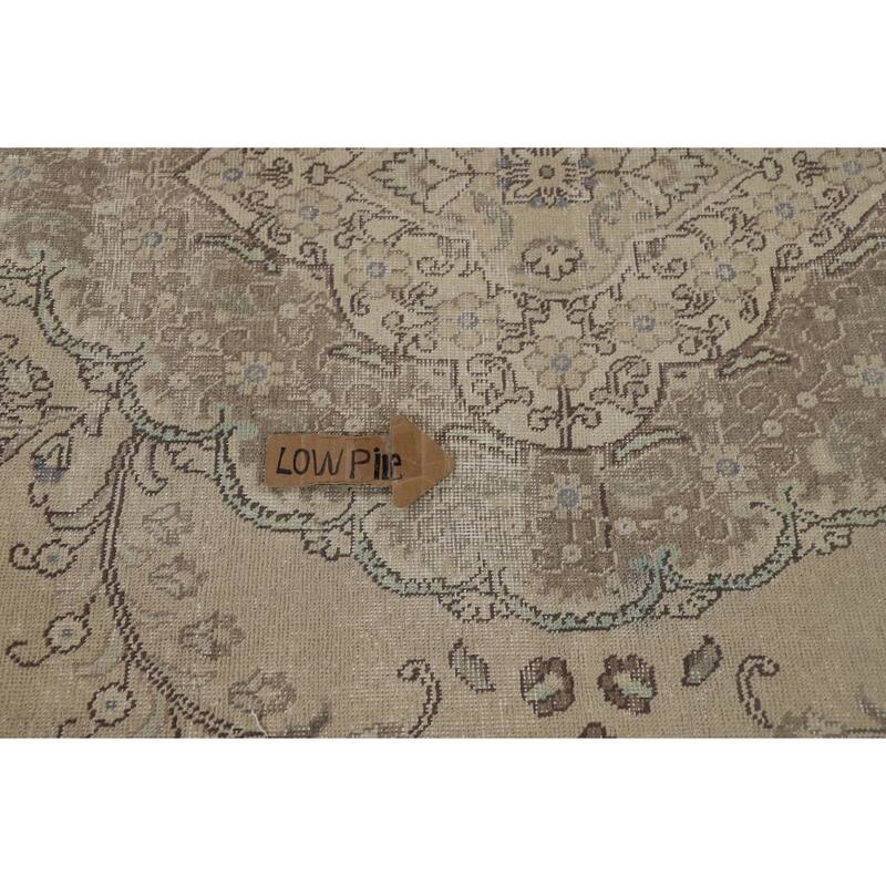 Distressed Tabriz Vintage Persian Rug Hand-Knotted Beige Wool Carpet - 9'6" x 12'8"