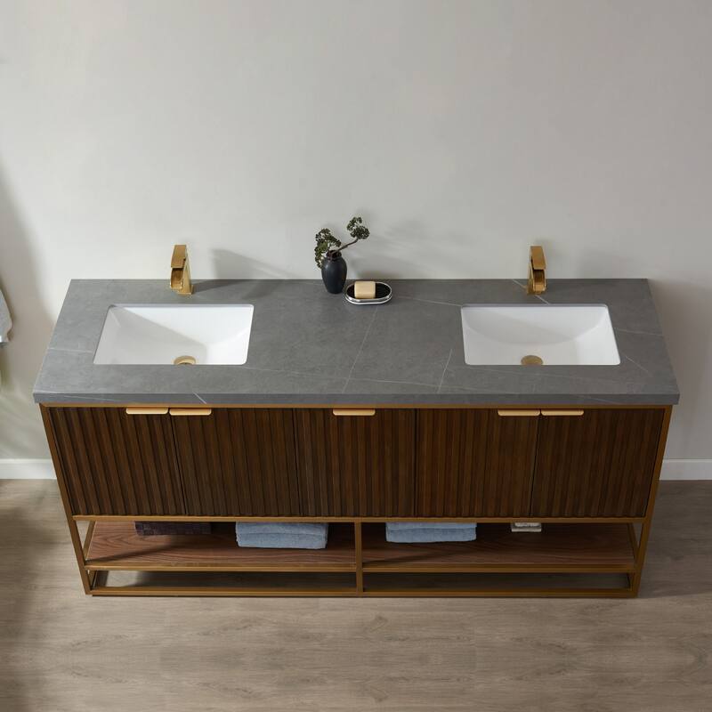 Donostia 72" Vanity in Walnut with stone countertop Without Mirror