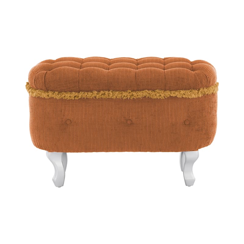 Roomfitters Upholstered Storage Bench with Button Tufted Top, End of Bed Bench with Fringe and Curved Legs
