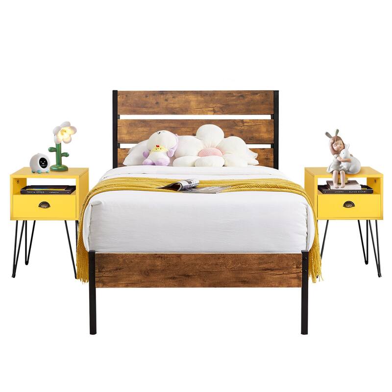 3-Pieces Bedroom Set with Rustic Brown Platform Bed Frame and Nightstands Set of 2