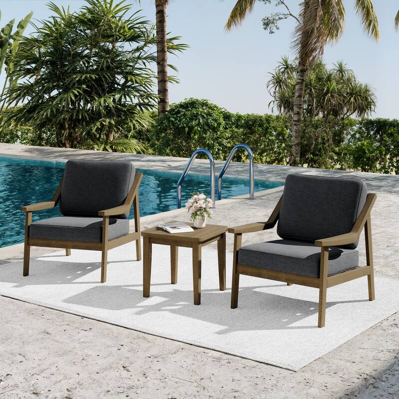 3-piece Teak Modern Cushioned Club Chairs Set Patio Bistro Set - NaturalFrame-Dark Grey
