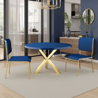 Emi 47 Inch Dining Table, Round Navy Blue Lacquer Top, X Twisted Gold Legs