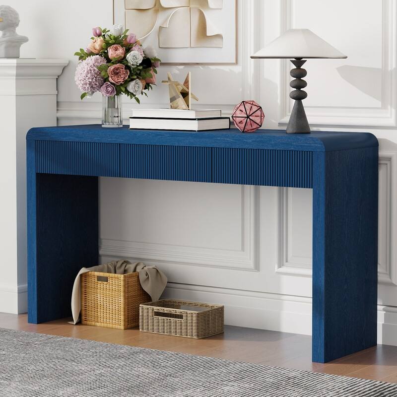 Rustic Console Table with 3 Fluted Drawers - Solid Wood Veneer Entryway Table Featuring Natural Wood Grain for Living Room