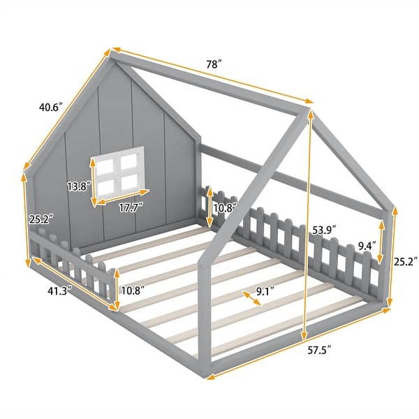 dimension image slide 1 of 2, Full Size Wood House Bed with Window and Fence,