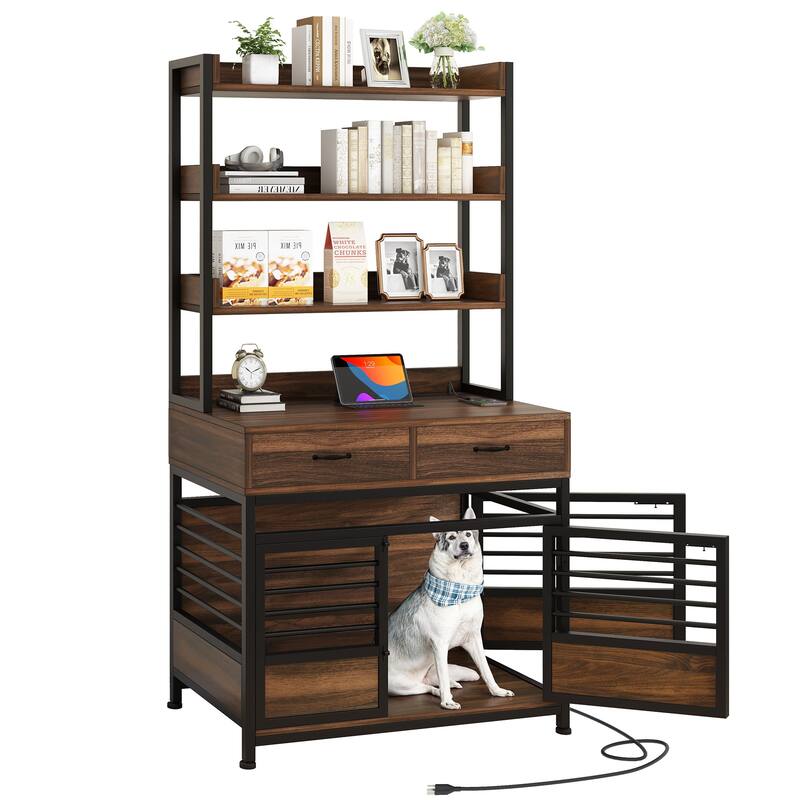 Dog Crate Furniture with Storage Shelves And Charging Station - 39.4"L x 23.6"W x 72.8"H - With Drawer