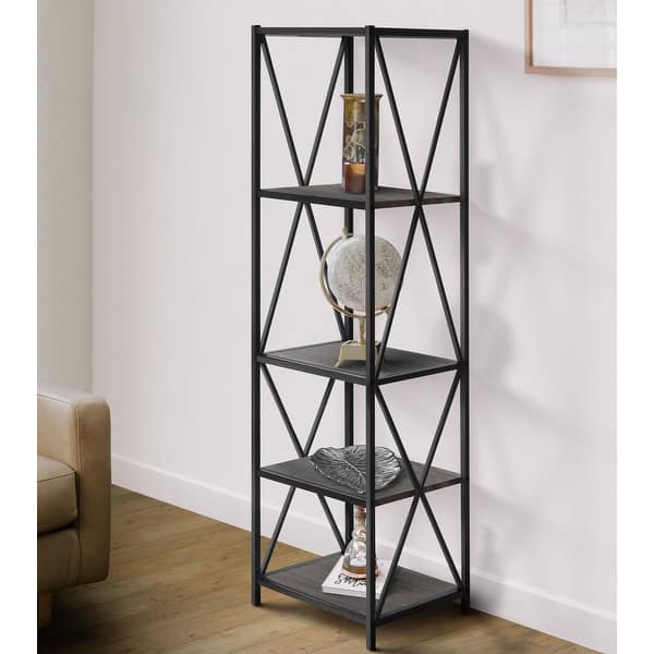 Papafix Tall Bookshelf Mordern Wood Metal Open Industrial Book Shelves Bookcase Shelving Unit Storage System 5 Tier
