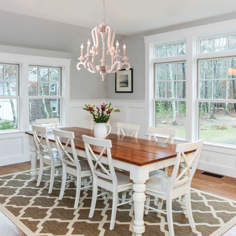 Bella Depot 5-Light Vintage Distressed Wood Pendant Light, Retro French Country Chandelier - Cream white