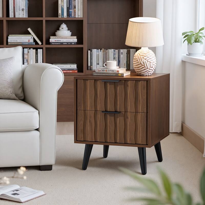 Mid-Century Modern Nightstand, Fluted End Table Drawer & Open Storage