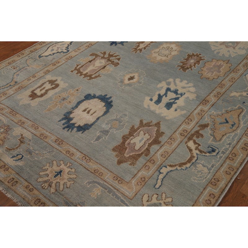 Geometric Blue Vegetable Dye Oushak Turkish Hand-Knotted Wool Carpet - 5'5"x 7'7"