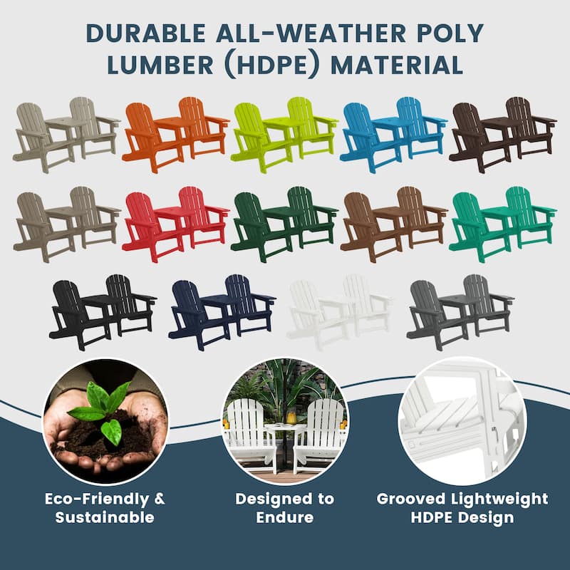 Polytrends Coastline Outdoor Poly Adirondack Chair Set with Connecting Tray & Cup Holder