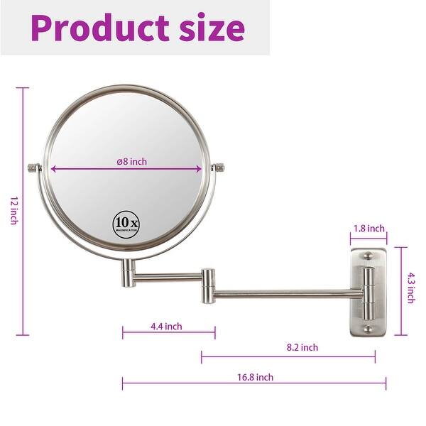dimension image slide 9 of 11, 8" Bathroom Mirror Wall Mounted Magnifying Reversible Double Sided 1X/10X Makeup Mirror