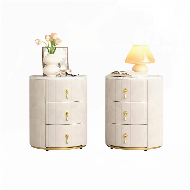 Round Bedside Upholstered Nightstand with 3 Drawers