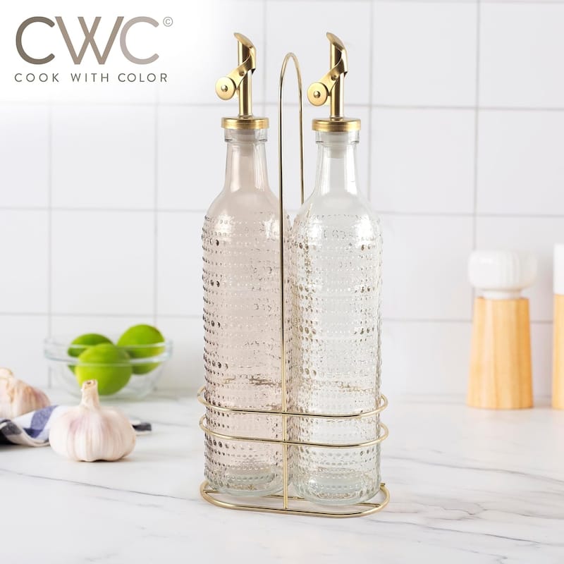 COOK WITH COLOR Glass Olive Oil Bottle Dispenser - 2 Pack- 17oz Oil and Vinegar Carafe Decanter