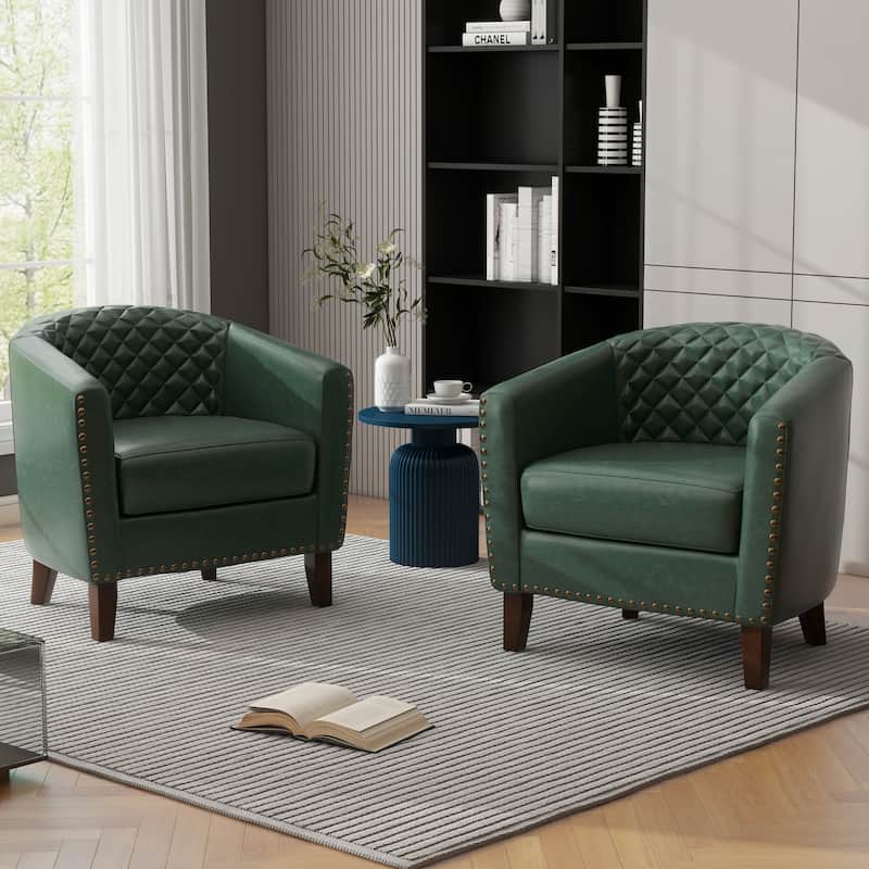 UIXE Mid-Century Leather Barrel Accent Chair With Nailheads Trim - 29" W - Green-2Pack