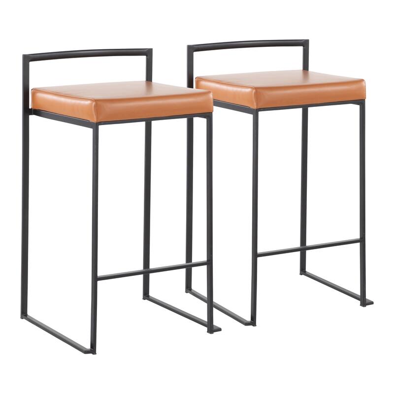 Porch & Den Forrest Contemporary Black Stackable Fully Welded Counter Stool (Set of 2) - Camel Faux Leather