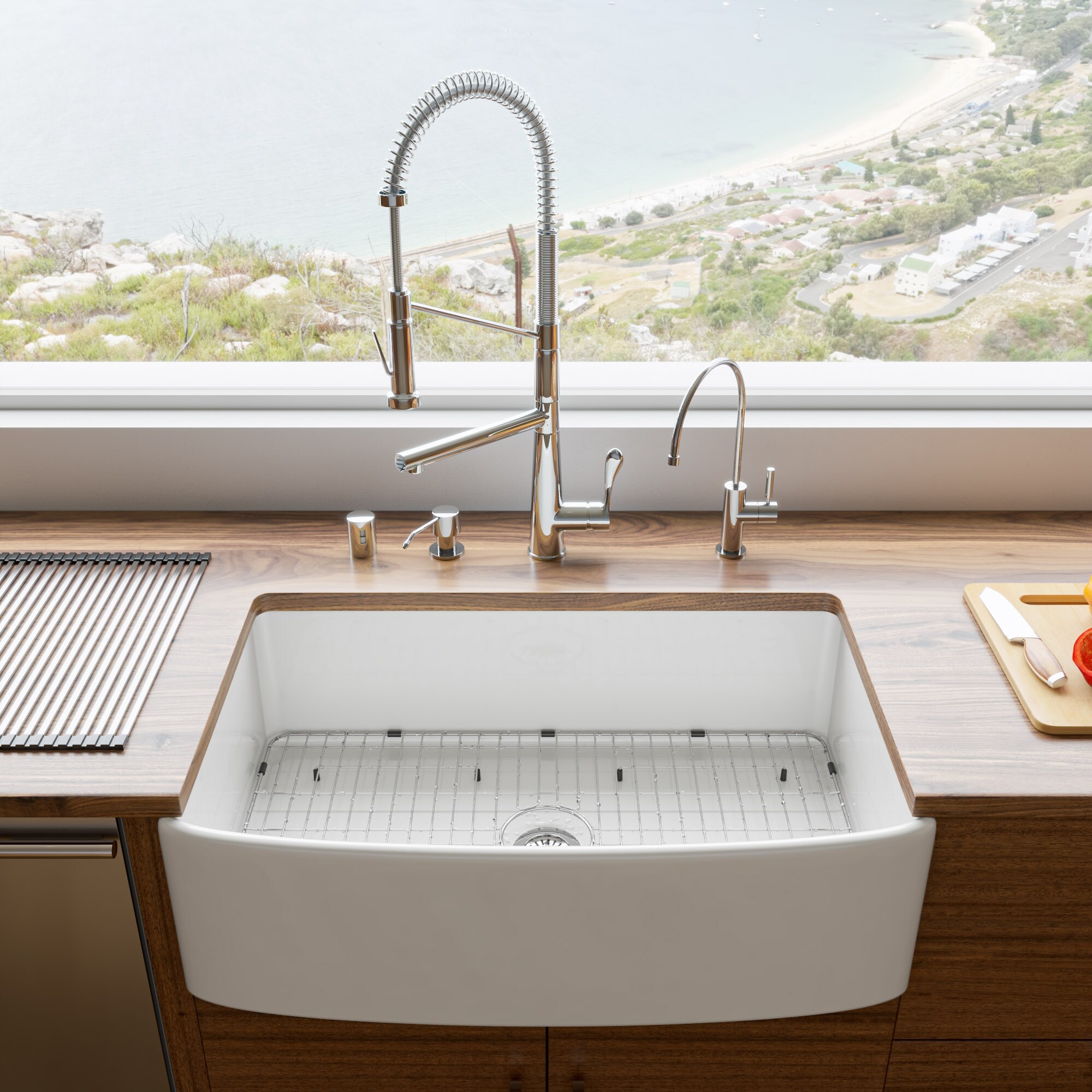 ALFI Brand White Smooth Curved Apron 33" x 20" Single Bowl Fireclay Farm Sink with Grid