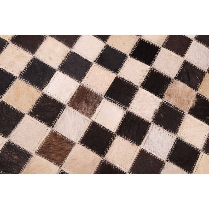 ECARPETGALLERY Handmade Cowhide Patchwork Dark Brown, Ivory Leather Rug - 7' x 7'