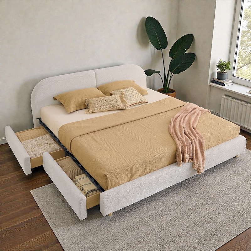 Upholstered Bed Frame with Tall Curved Headboard and Storage Drawers, Modern Minimalist Platform Bed No Box Spring