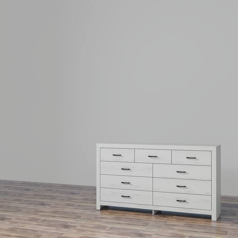 63" White 9 Drawer Dresser for Bedroom, Modern Wide Wood Storage Dresser with Metal Handles