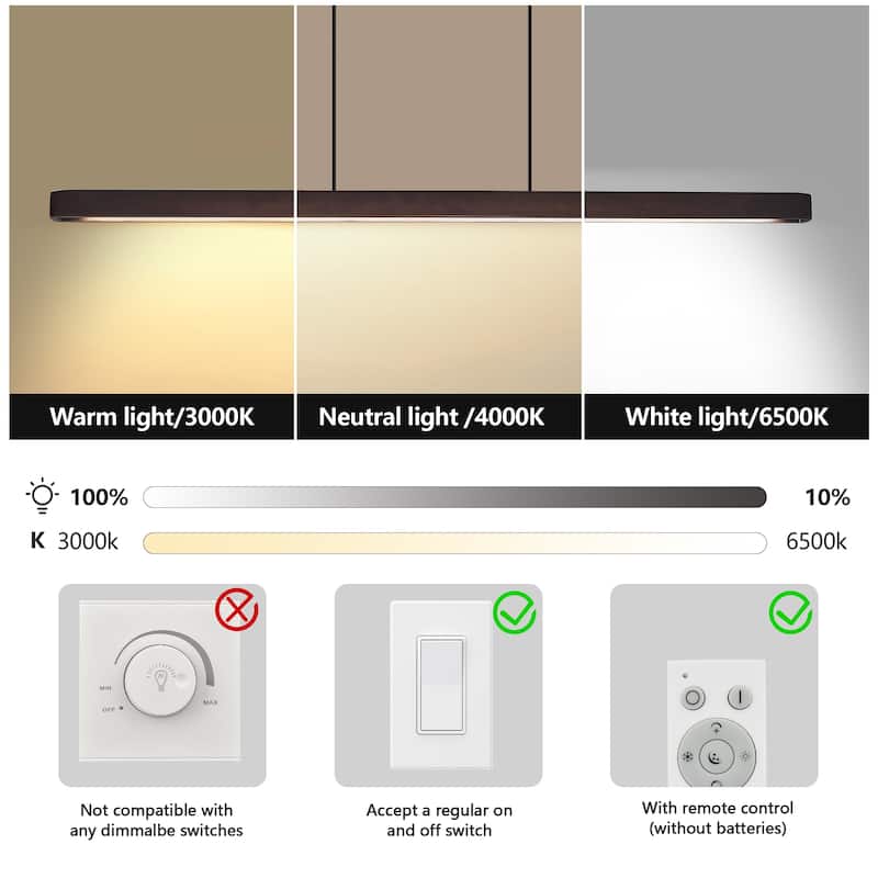 51-inch Walnut Wood Modern LED Pendant Light, Adjustable Hanging Light for Dining Room, Kitchen, Living Room