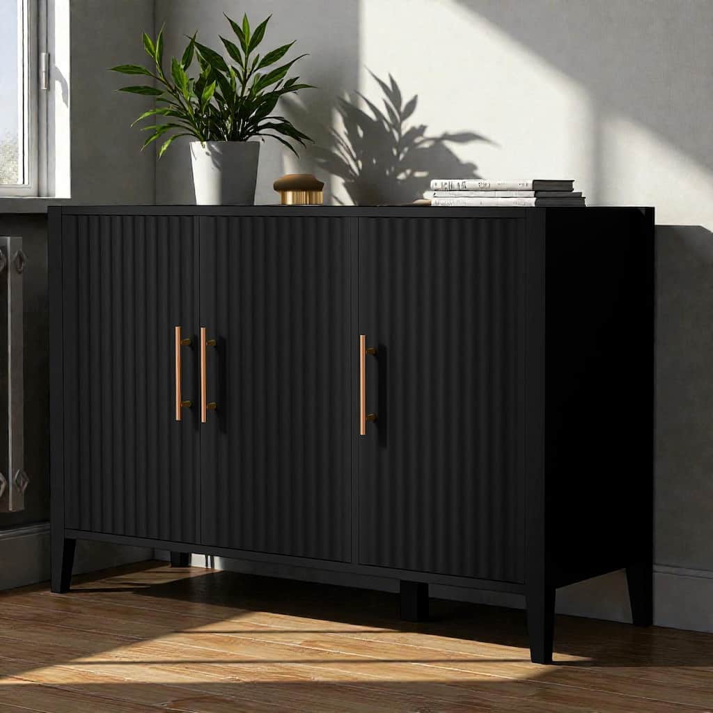 48'' Three-Door Modern Storage Cabinet with Vertical Pattern and Metal Handles, MDF Sideboard for Entryway