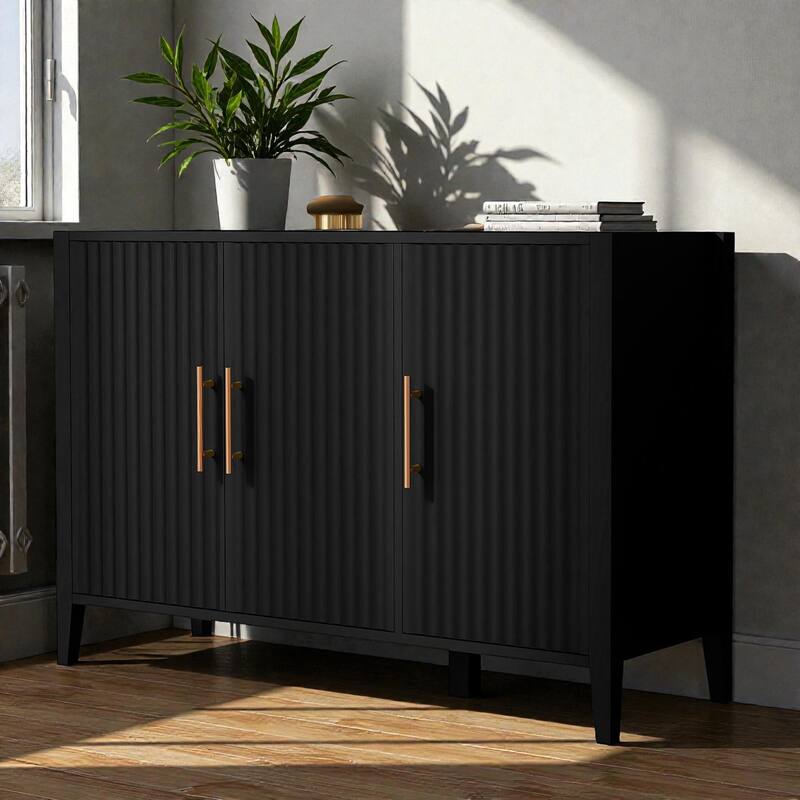 48'' Three-Door Modern Storage Cabinet with Vertical Pattern and Metal Handles, MDF Sideboard for Entryway - Black