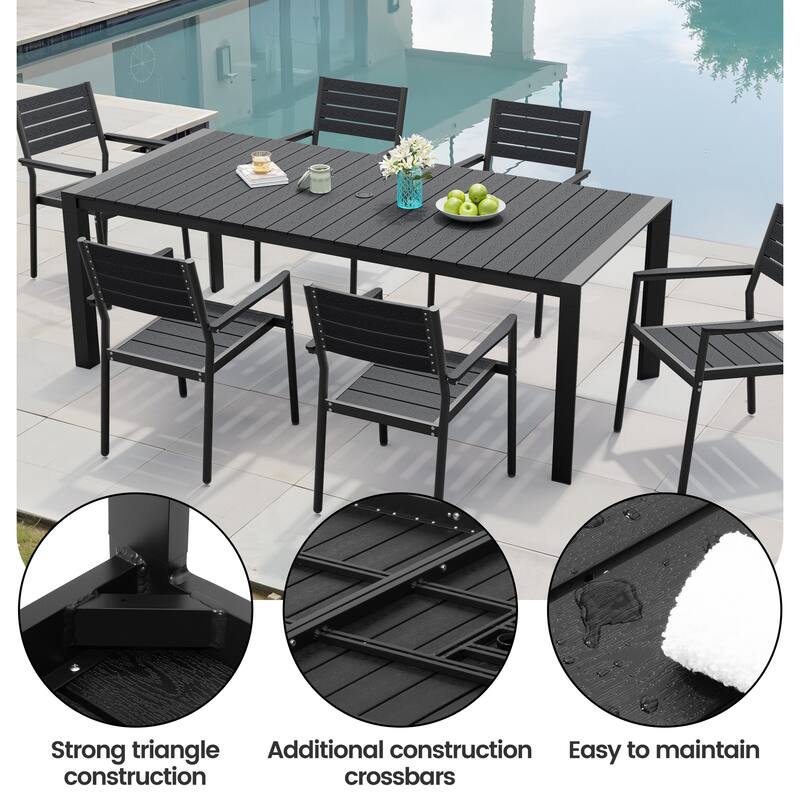 7-Piece Outdoor Patio Dining Set Rectangle Dining Table with Umbrella Hole and Stackable Chairs