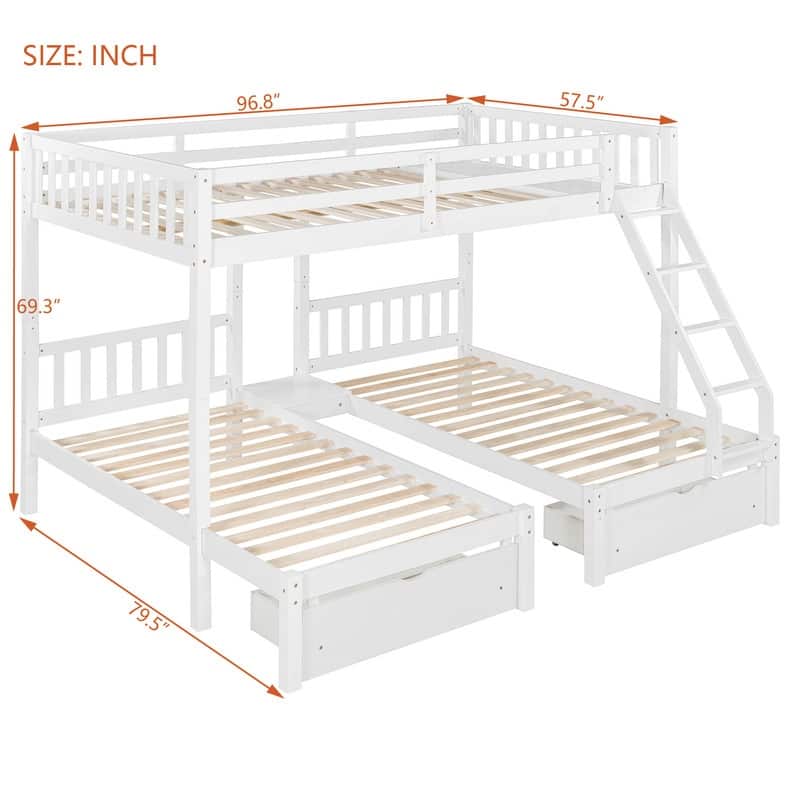Full Over Twin & Twin Triple Bunk Bed with Drawers and Guardrails