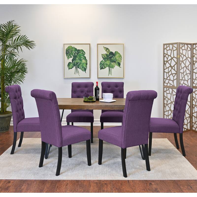 7 Piece Dining Table Set for 6, Kitchen Metal Table Cushion Chairs Set with 6 High Back Button-Tufted Chairs, for Apartment - Brown+Purple