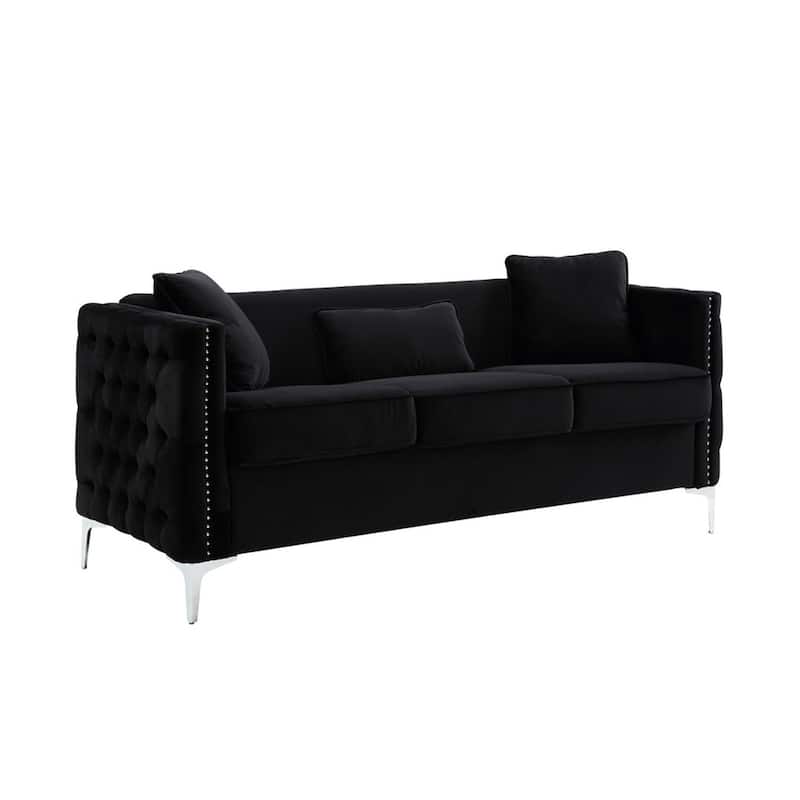 Velvet Sofa with 3 Pillows - Black