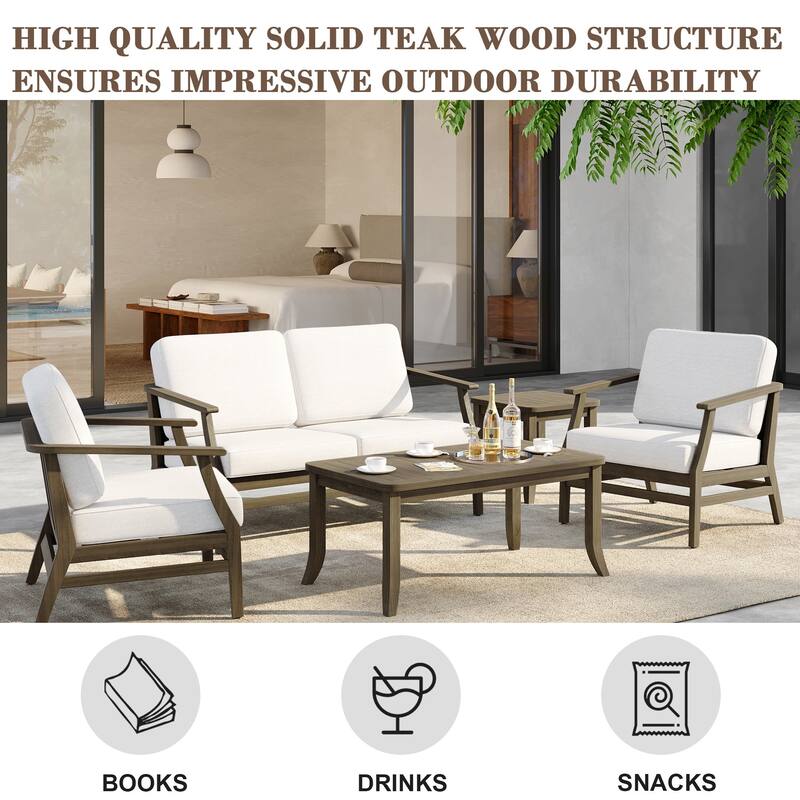 5-Piece Outdoor Teak Wood Patio Conversation Set with Cushions