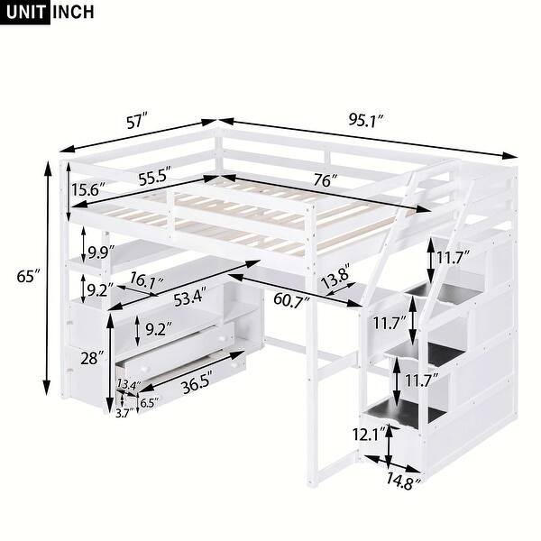 Full Size Loft Bed with Desk and Shelves, Two Built-in Drawers, Storage ...