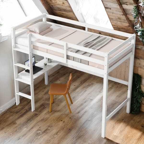 slide 2 of 18, White Twin High Loft Bed with Safety Guardrail,Built-in desk,Ladder White