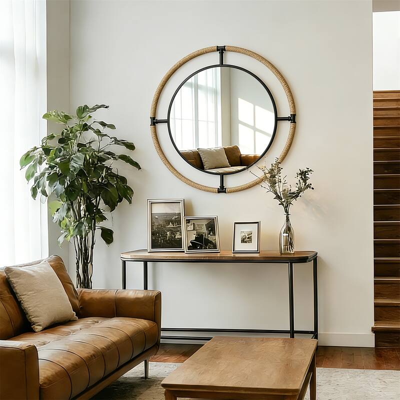 Industrial Nautical Dual Round Wall Hanging Decorative Mirror with Rope Coastal Decor Mirror