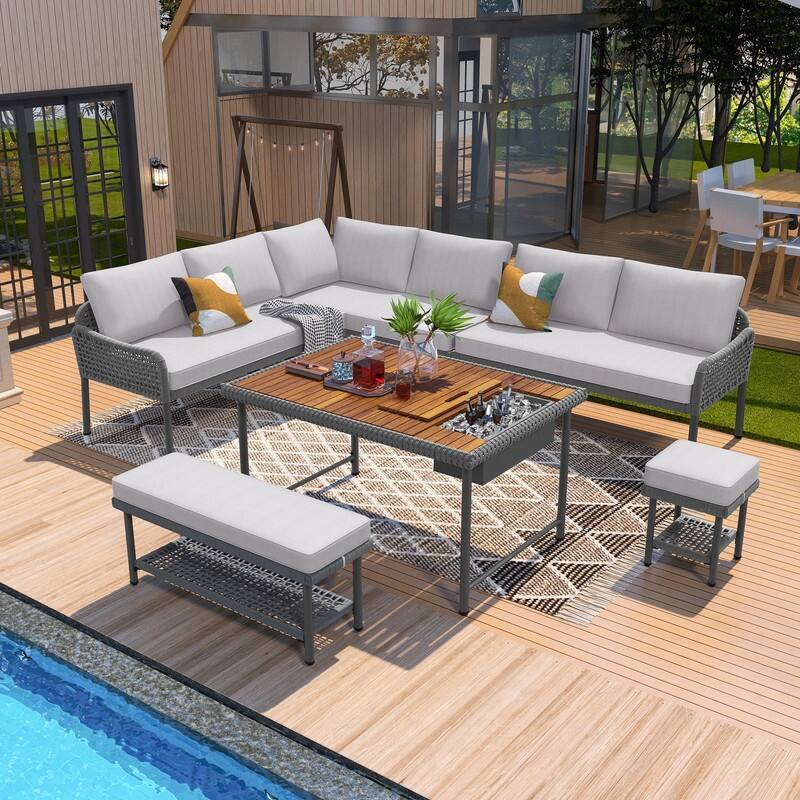 6 Piece Outdoor Sectional Sofa Set with Acacia Wood Table with Ice Box