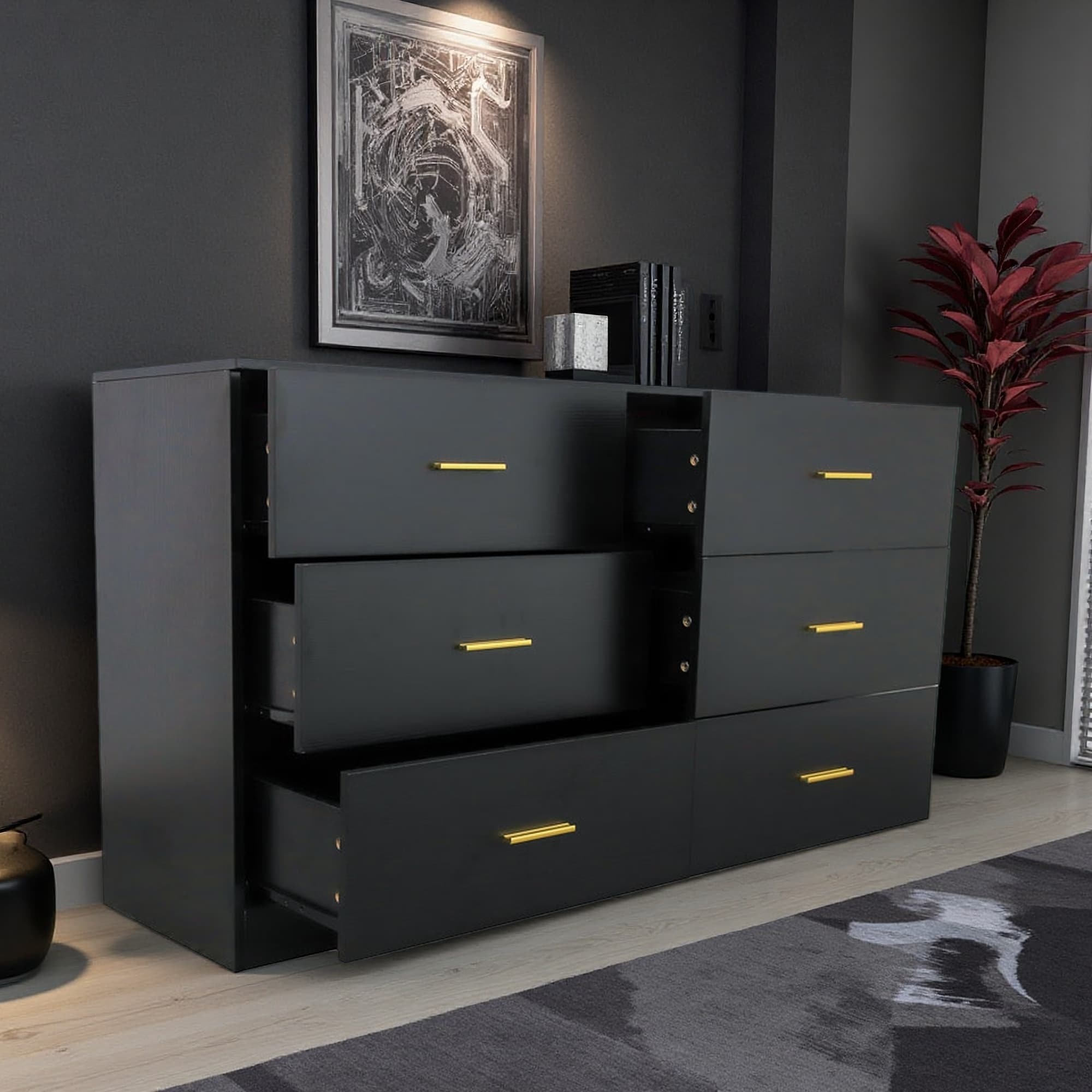 Engineered Wood Modern 6-Drawer Dresser with Gold Handles