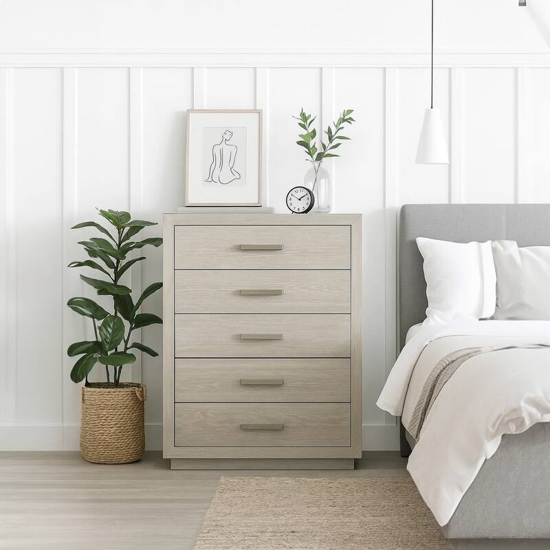 Kexa Tall Dresser Chest, 5 Drawers, Light Gray Solid Wood, Nickel Metal