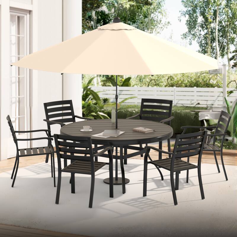 VRSHWO Outdoor Round Patio Dining Table for 4-6, All Weather Metal Dining Table with Umbrella Hole for Deck Lawn Garden Backyard